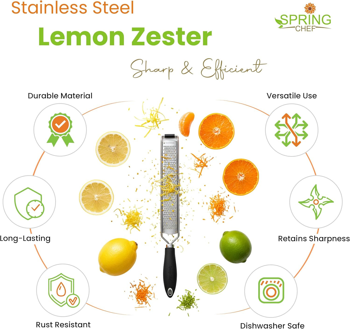 Spring Chef Stainless Steel Lemon Zester Grater - Heavy Duty Citrus Tool with Handle & Blade Cover - Black