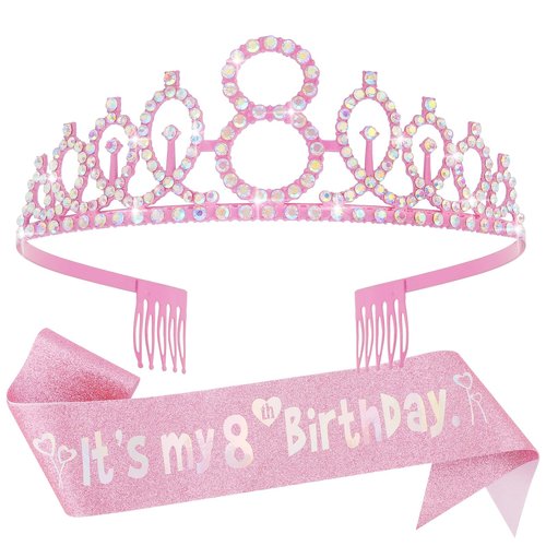 Canitor 8th Birthday Decorations for Girls Birthday Girl Crown Tiara & Glitter Sash Set for 8 Year Old Girl Birthday Gift Birthday Girl Headband Hat