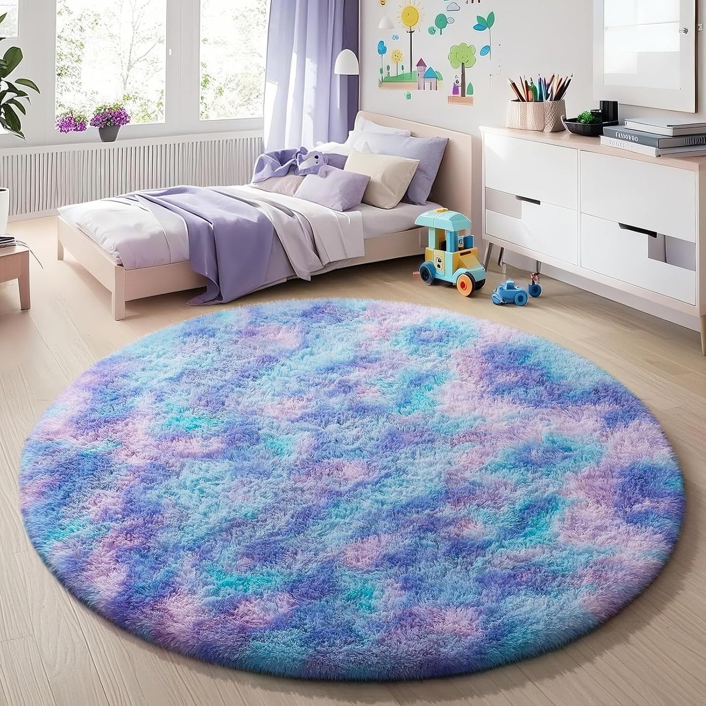 Ophanie Round Area Rug - 5Ft Tie-Dye Rainbow Purple | Fluffy Soft Shaggy Carpet for Kids' Rooms