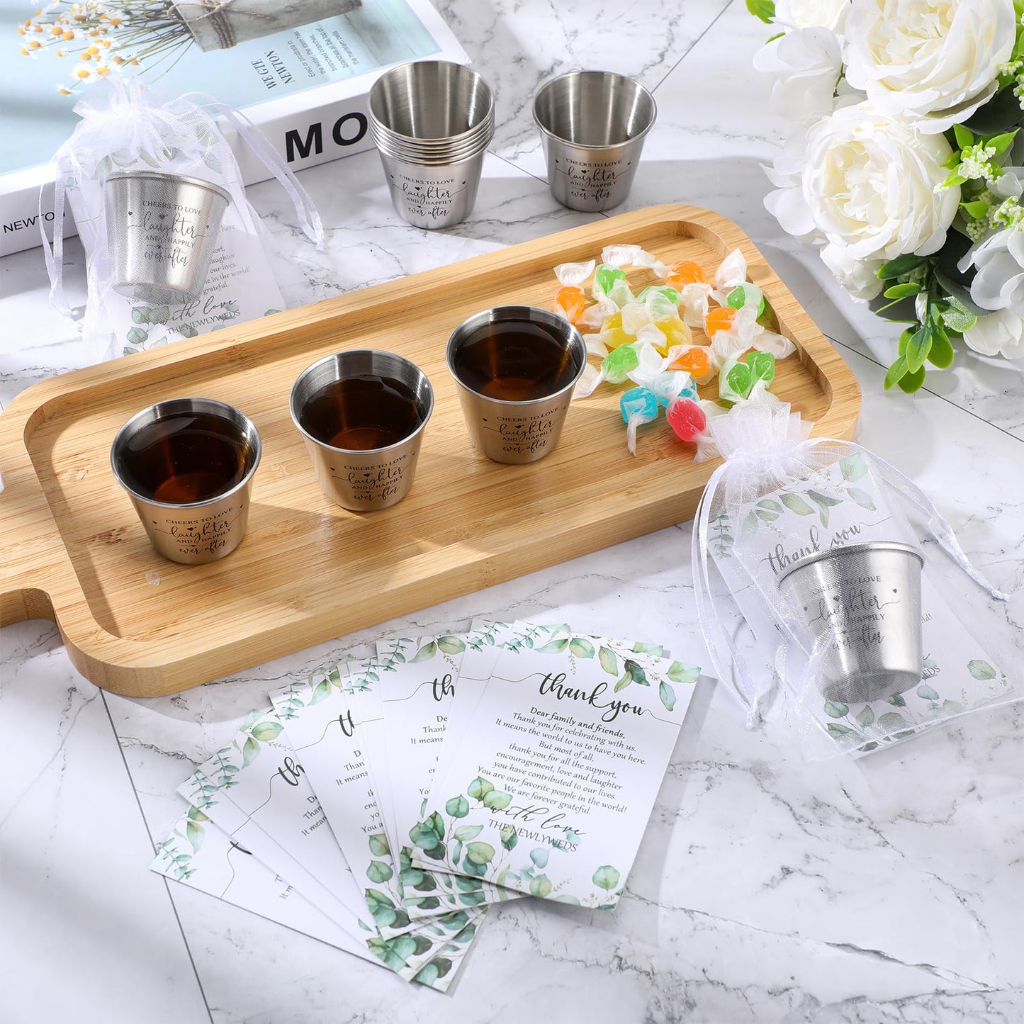 Uiifan Wedding Favors for Guests 1.5 oz Shot Glasses Thank You Cards with Gift Bags for Engagement Bridal Shower Wedding Souvenirs, Cheers to Love Laughter and Happily Ever After(100 Set)