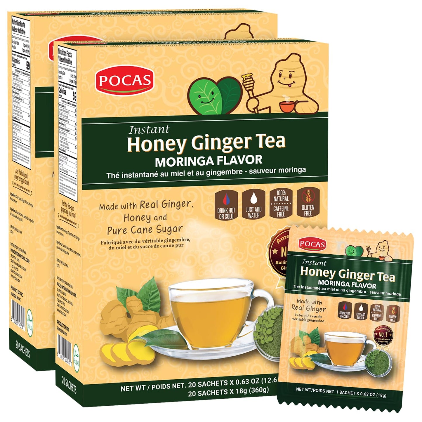 Pocas Honey Ginger Tea, Moringa Flavor, 2-Pack – Instant Tea Powder Packets with Real Ginger, Honey, and Pure Cane Sugar, Caffeine Free, 20 Count Ea