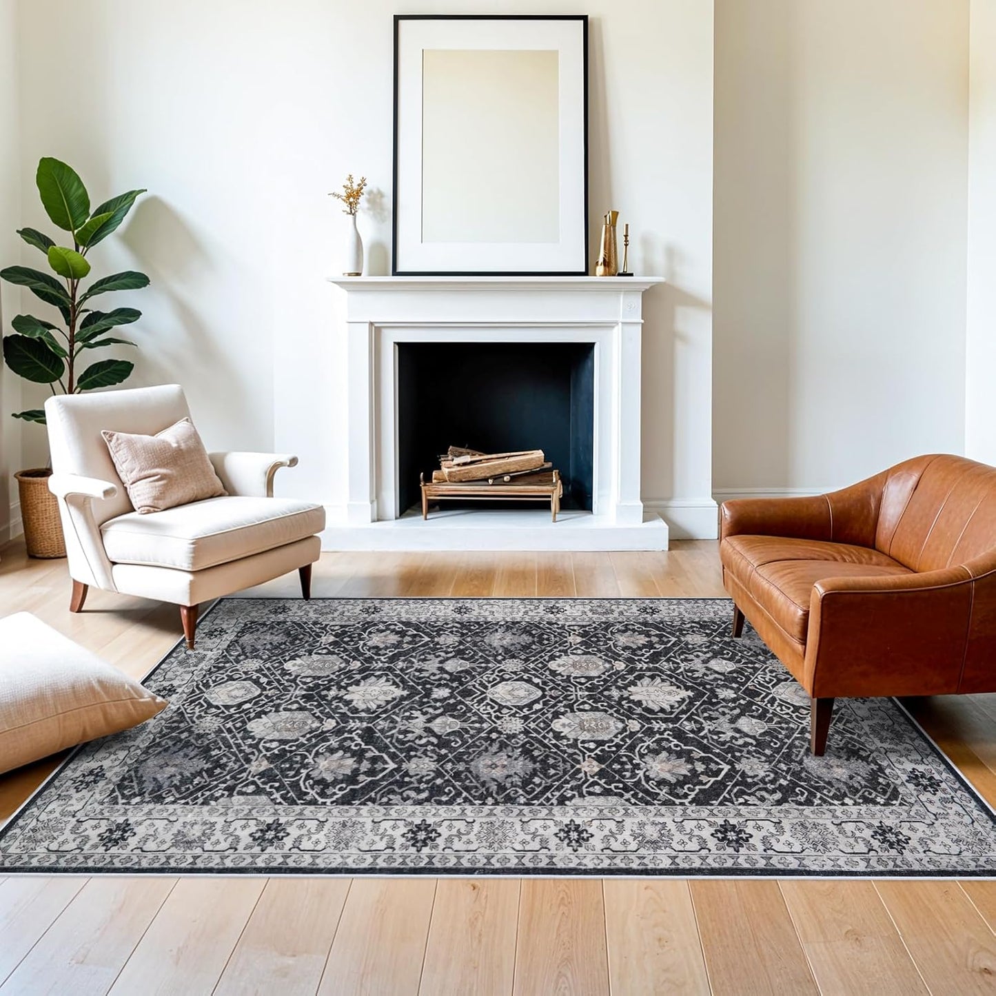 Skiennix 5x7 Living Room Area Rug - Washable, Non-Slip, Stain Resistant Vintage Soft Carpet in Black