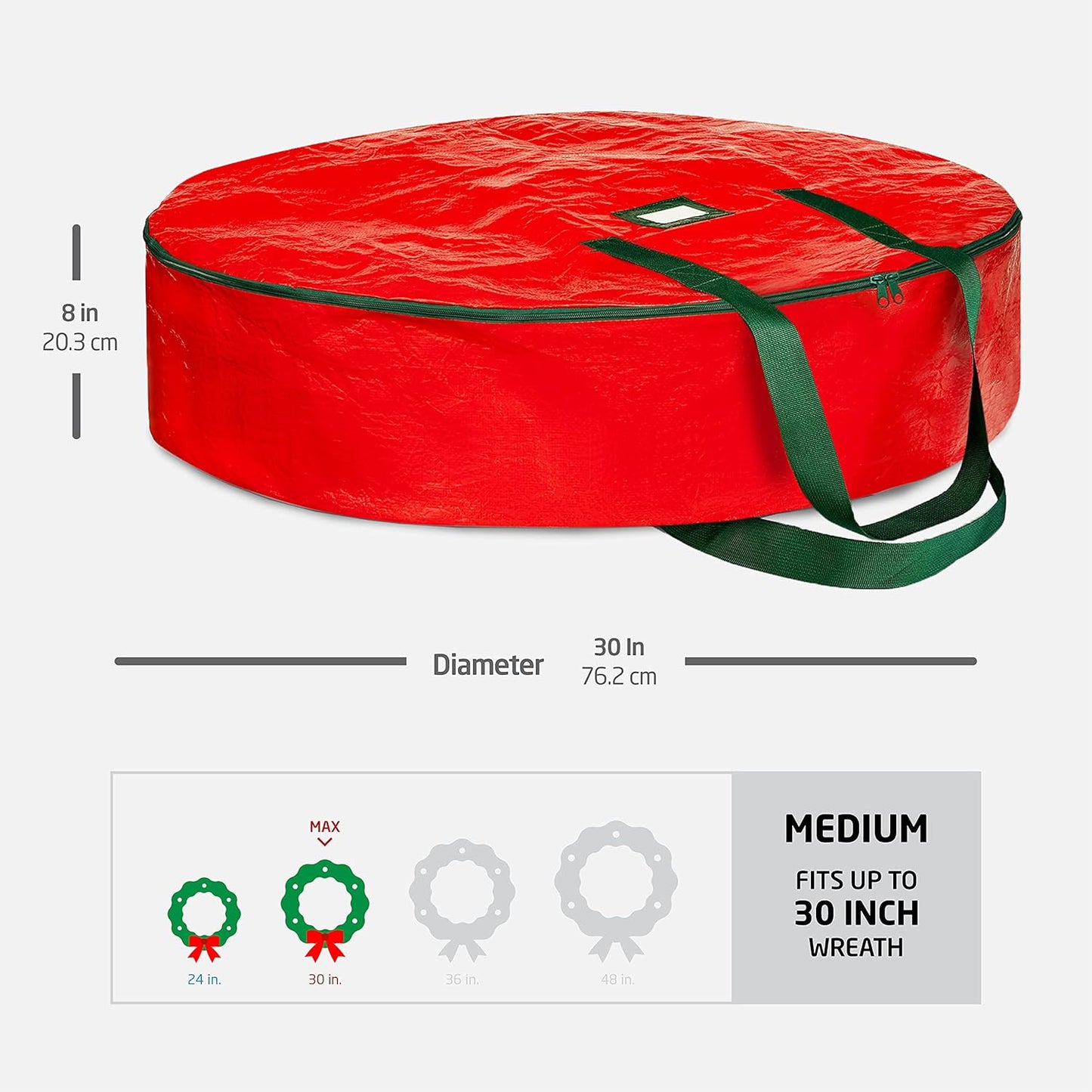 ZOBER Christmas Wreath Storage Container - 30 Inch Durable Wreath Bag with Dual Zippers & Strong Handles - Red