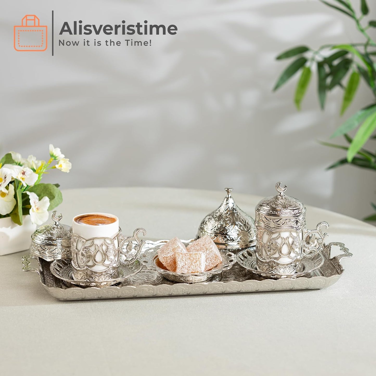 Alisveristime Ottoman Turkish Greek Arabic Espresso Coffee Cups with Saucer and Lid (Set of 2) (Hilal) (Silver)