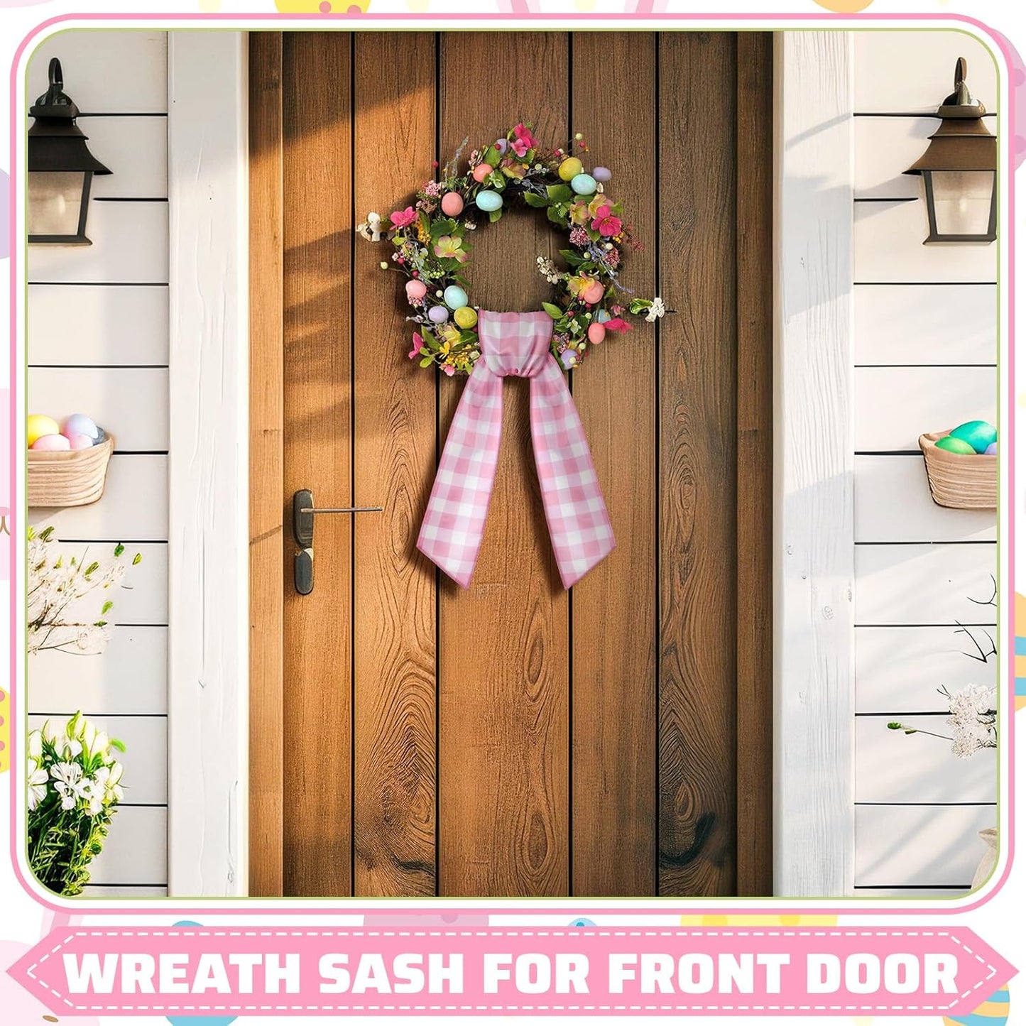 VitalCozy Wreath Sash Set - Chinoiserie Easter & Spring Decor | 4.5" W x 56" L (Pink Grid)