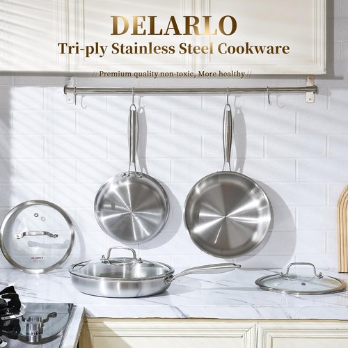 DELARLO Tri-Ply Stainless Steel Pan, 18/10 Frying Pan, Oven Safe Up to 600°F, Nontoxic Cookware, Compatible with All Cooktops Skillet, Durable, Fast Even Heat Fry Pan,8" 10" 12" with lids