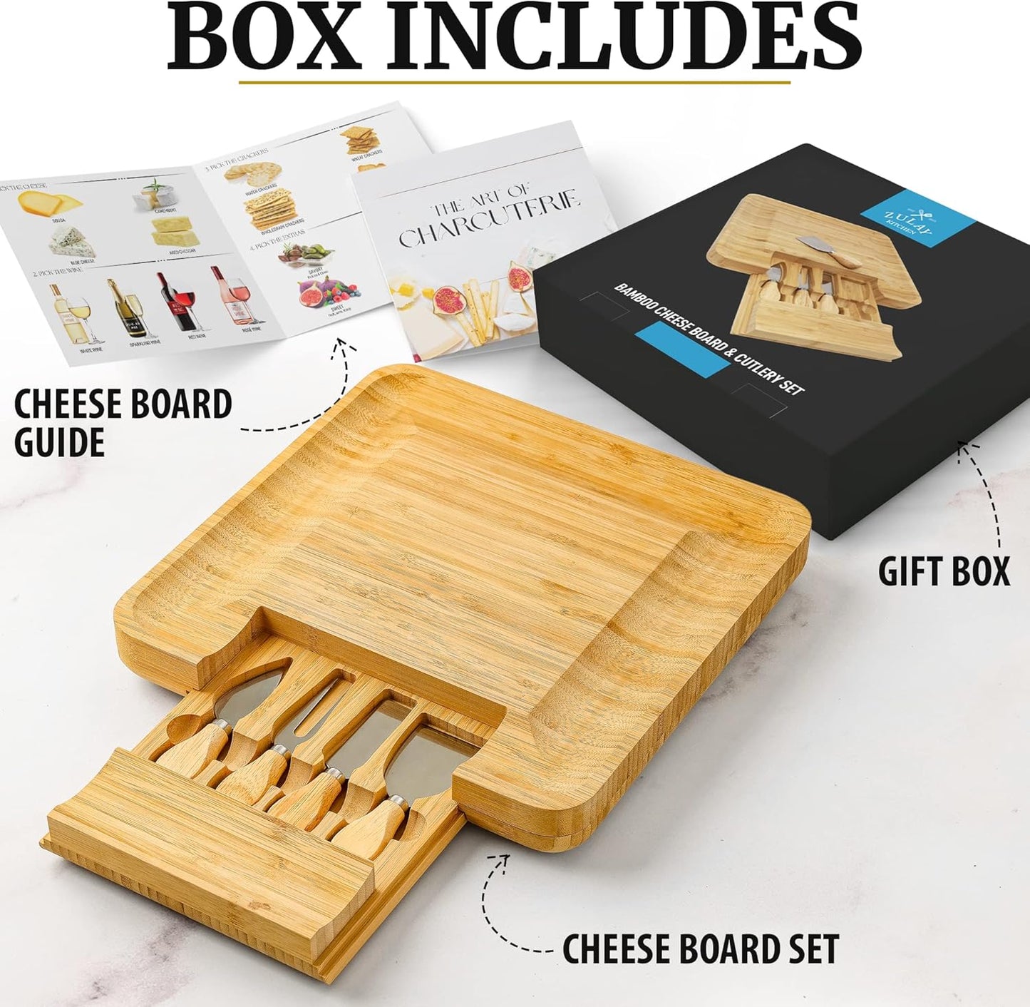 Zulay Kitchen Bamboo Cheese Board Set - Extra Thick Charcuterie Board with 4-Piece Knife Set | Perfect for Wine & Cheese Gifts