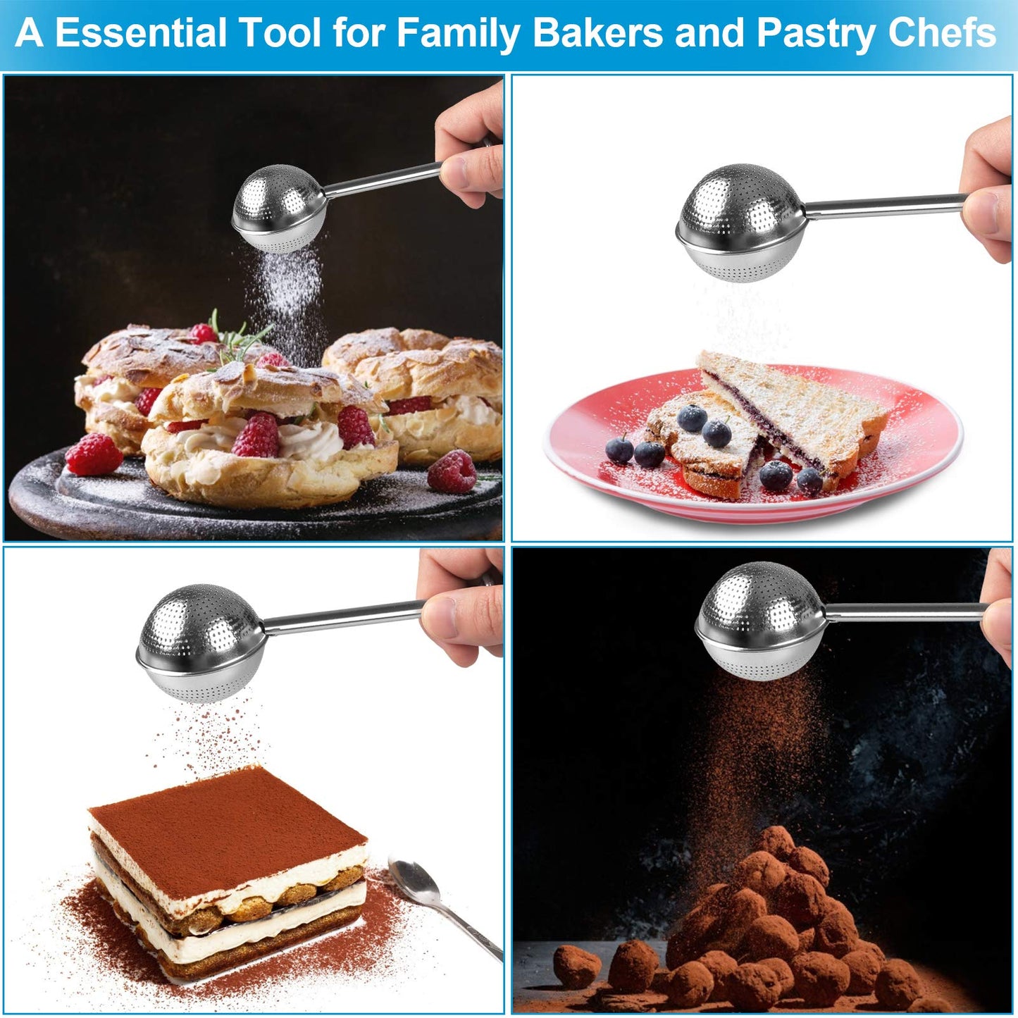 2 Pcs Bakers Dusting Wand for Sugar Flour and Spices, Stainless Steel Flour Duster for Baking, Powdered Sugar Shaker Duster Sifter, Spring-operated Handle for One-handed Operation