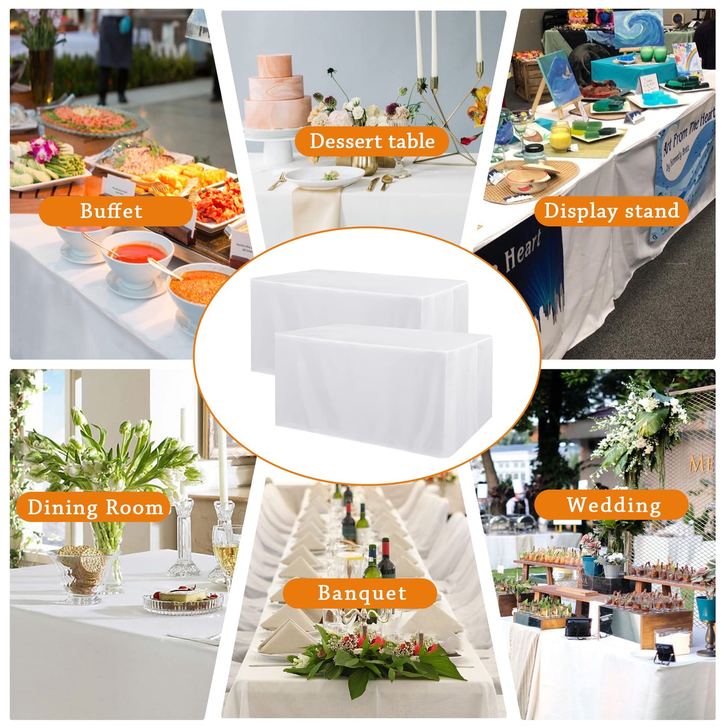 Obstal 2 Pack Table Clothes for 6 Foot Rectangle Tables - Water Resistant Washable Fabric Polyester Rectangle Table Cover Protector for Wedding, Banquet and Trade Shows, 72L x 30W x 30H Inches, White
