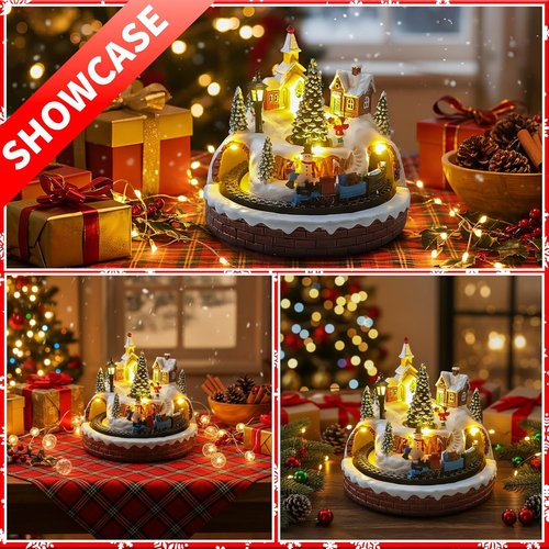 Christmas Village Decoration - Spinning Train & Tree, Musical Collectible with LED Lights & Timer Function