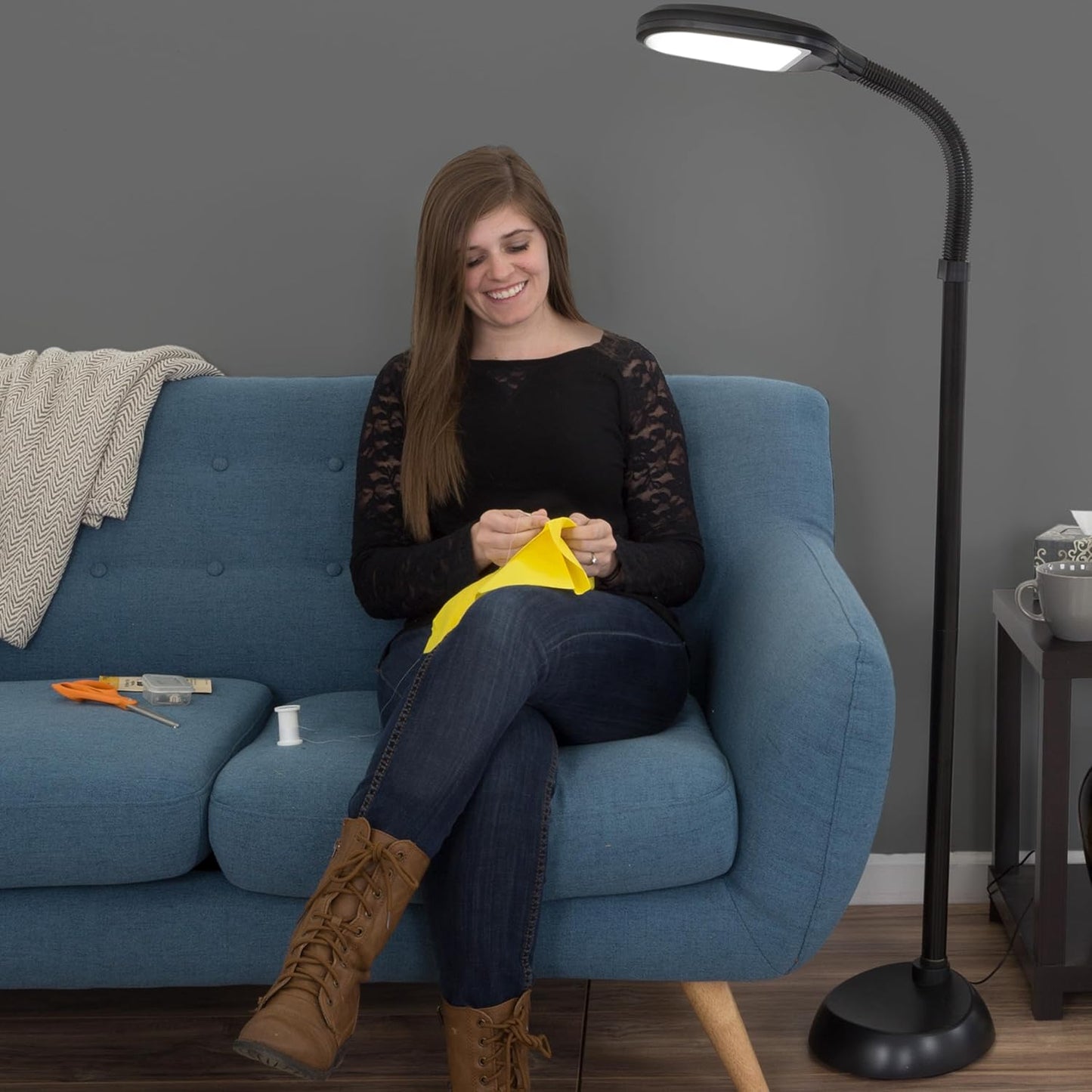 Lavish Home Adjustable LED Floor Lamp with Bendable Neck - Full Spectrum Natural Sunlight LED Lamp for Bedroom and Living Room - Reading, Craft, and Esthetician Light (Black)