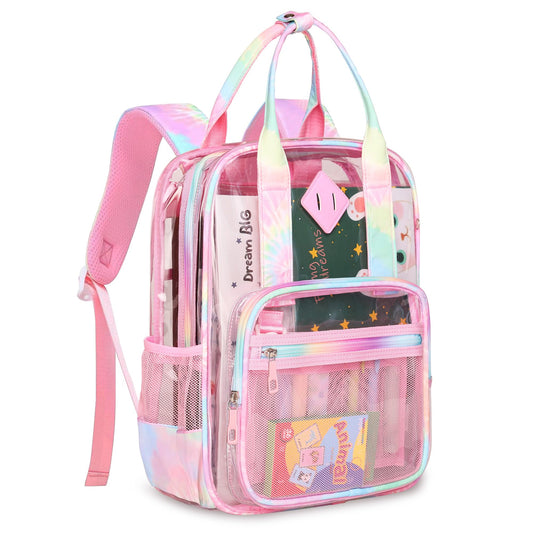 Rinooau Clear Backpack Heavy Duty, PVC Clear Bag for Stadium Events See Through Pink Bookbag, Transparent Backpack for Girls Women Kids Stadium Approved Clears Concert Bag for School Work Travel