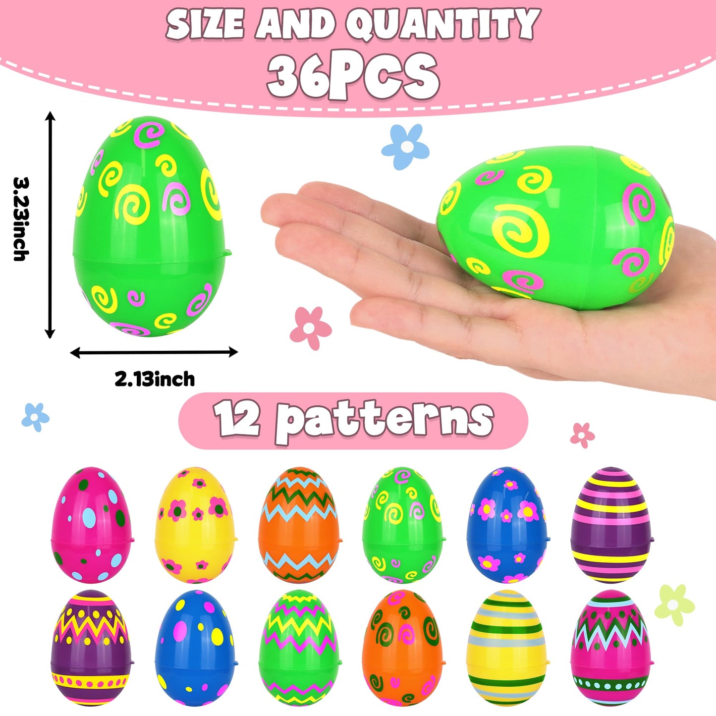 NAWITDA 36 Pack 3 Inch Large Plastic Printed Easter Eggs, Empty Fillable Eggs Bulk for Easter Egg Hunt, Easter Basket Stuffers Fillers, Classroom Prize Supplies, Filling Treats and Party Favors