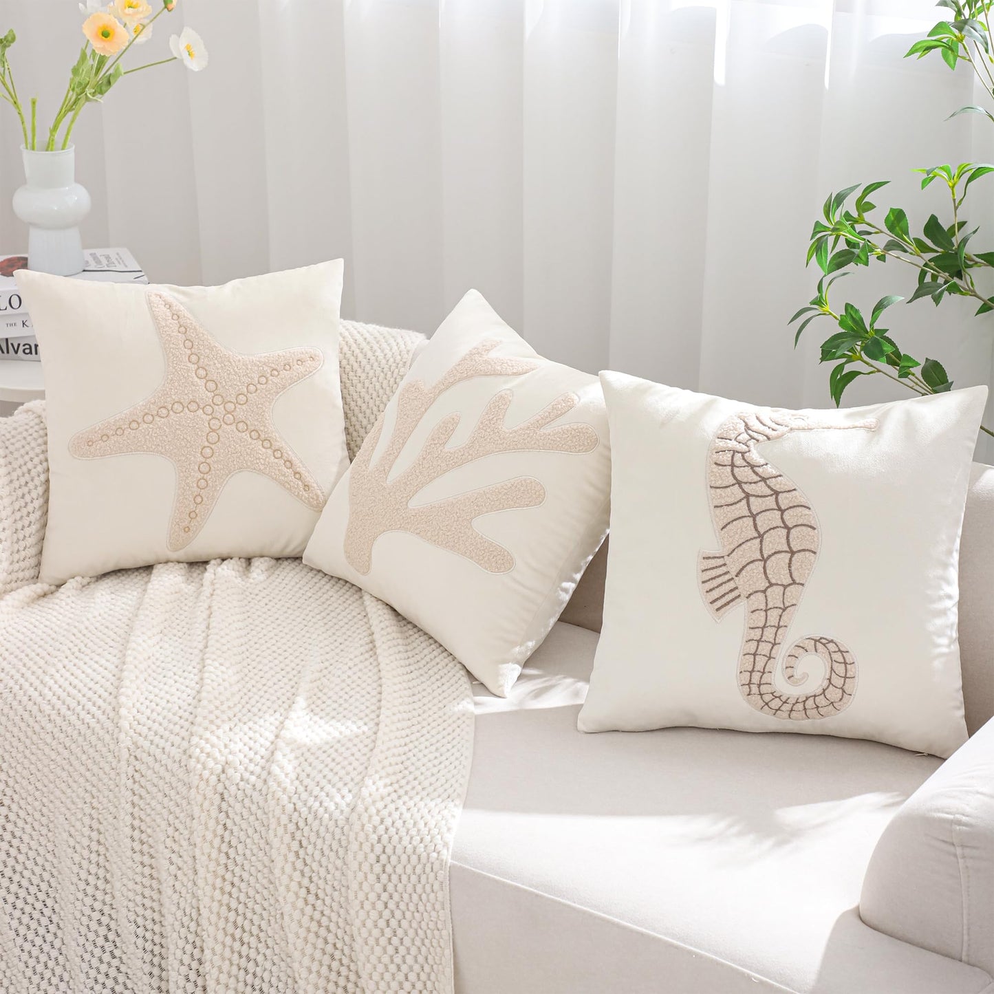 Tosleo Coastal Throw Pillow Covers 18x18 Pack of 2 Beige Seahouse Embroidered Pillow Covers Beach Velvet Pillow Cushion Cases Farmhouse Decor Ocean Themed Pillowcase for Summer