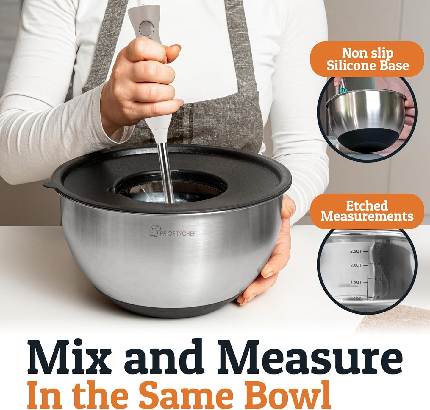Priority Chef Stainless Steel Mixing Bowls Set - Airtight Lids & Non-Slip Base | 3 Grater Attachments, Black