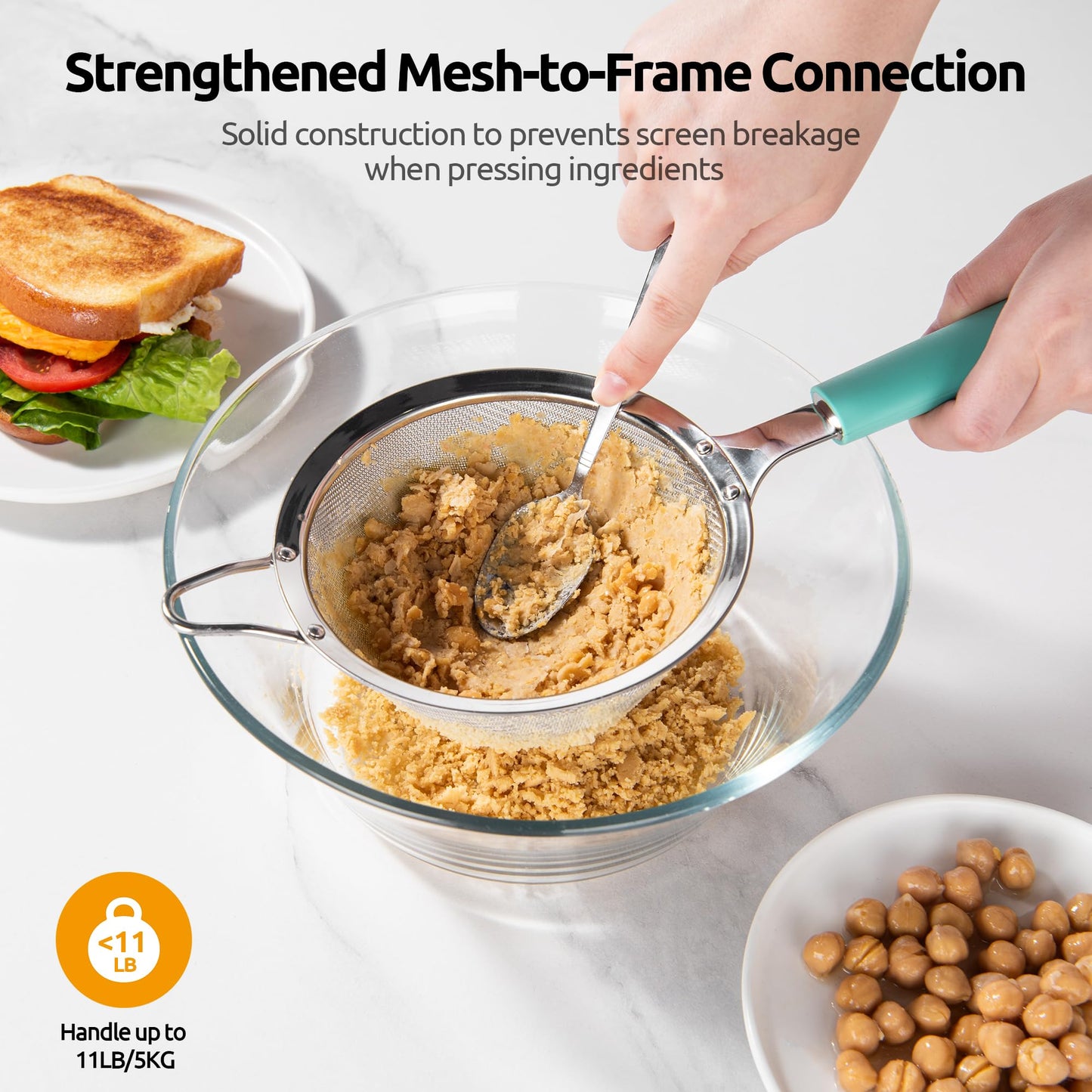 U-Taste Medium Fine Mesh Strainer: 18/8 Stainless Steel 4.73in 30 Mesh Kitchen Food Sieve with Sturdy Riveted Silicone Handle, Heavy Duty Deep Handheld Metal Colander for Rice, Quinoa, Flour(Aqua Sky)