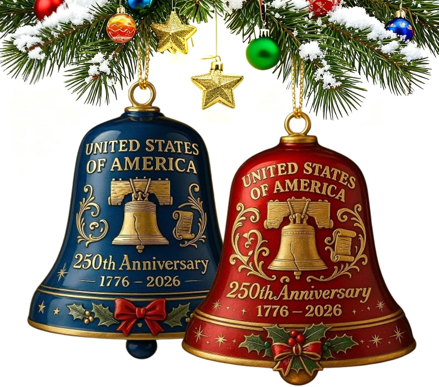 USA 250th Anniversary Bell Ornament - 3D Vintage Metal Design for Patriotic Holidays | Set of 2 Red & Blue
