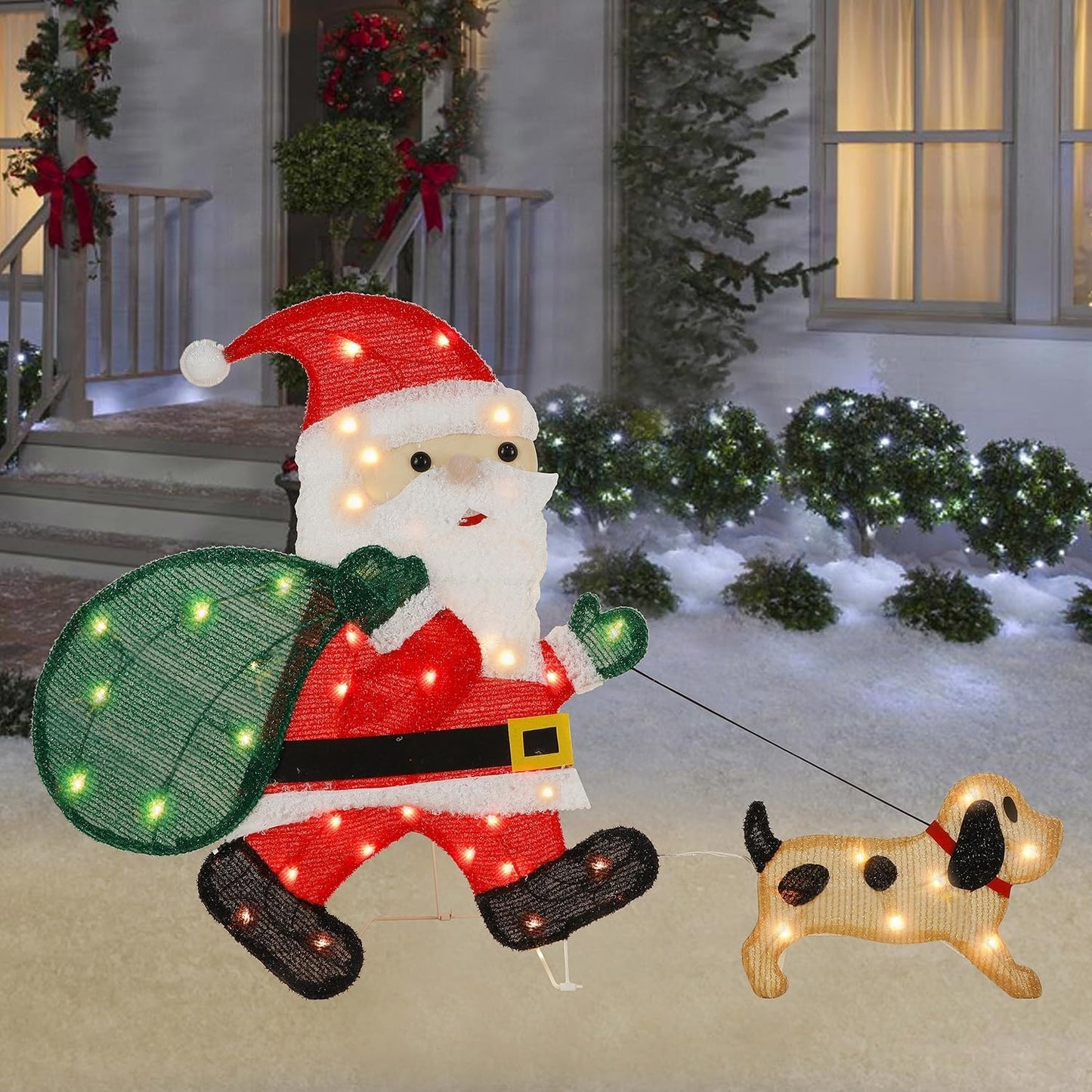 Waterglide Lighted Christmas Santa Claus - 26.5 Inch Pre-Lit Tinsel Decor with Puppy for Outdoor Holiday Display