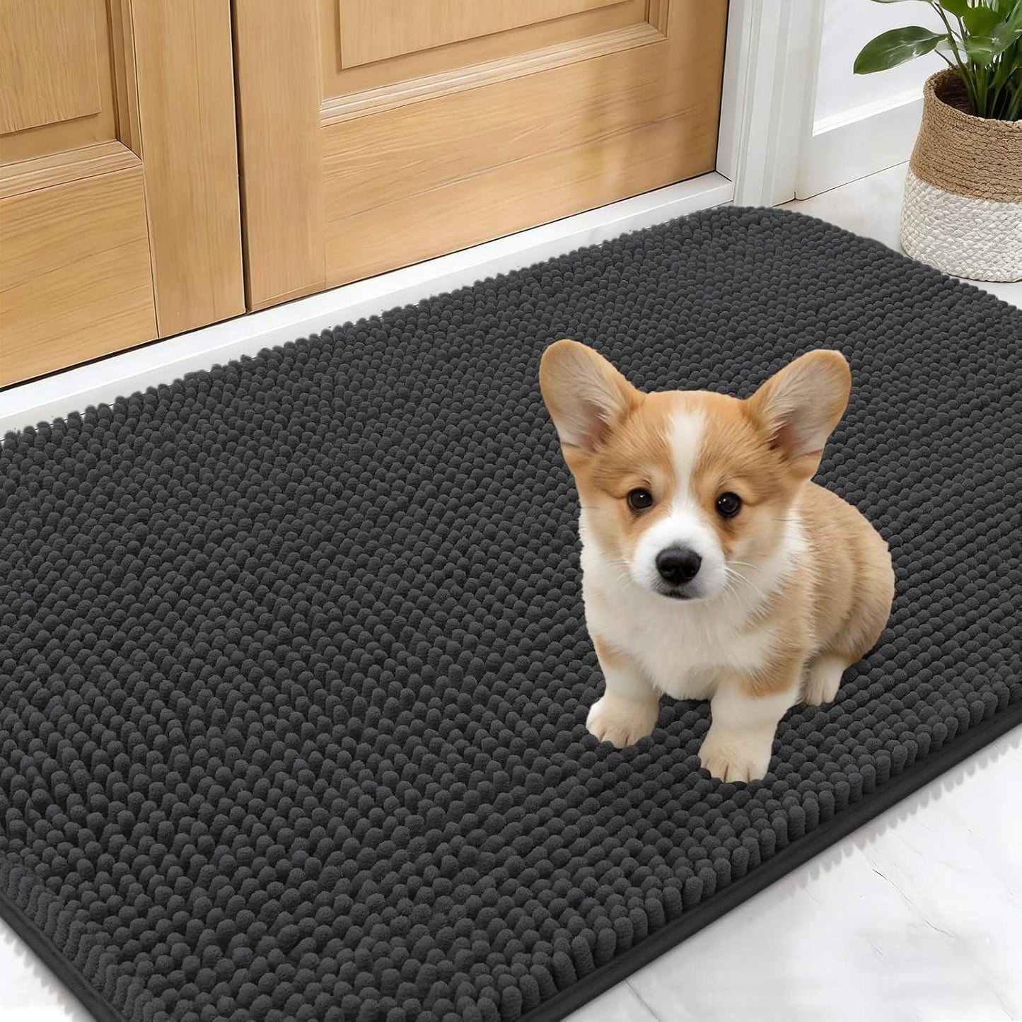 OLANLY Dog Door Mat - Absorbent Non-Slip Chenille for Muddy Paws | 30x17 Dark Grey Quick Dry Doormat