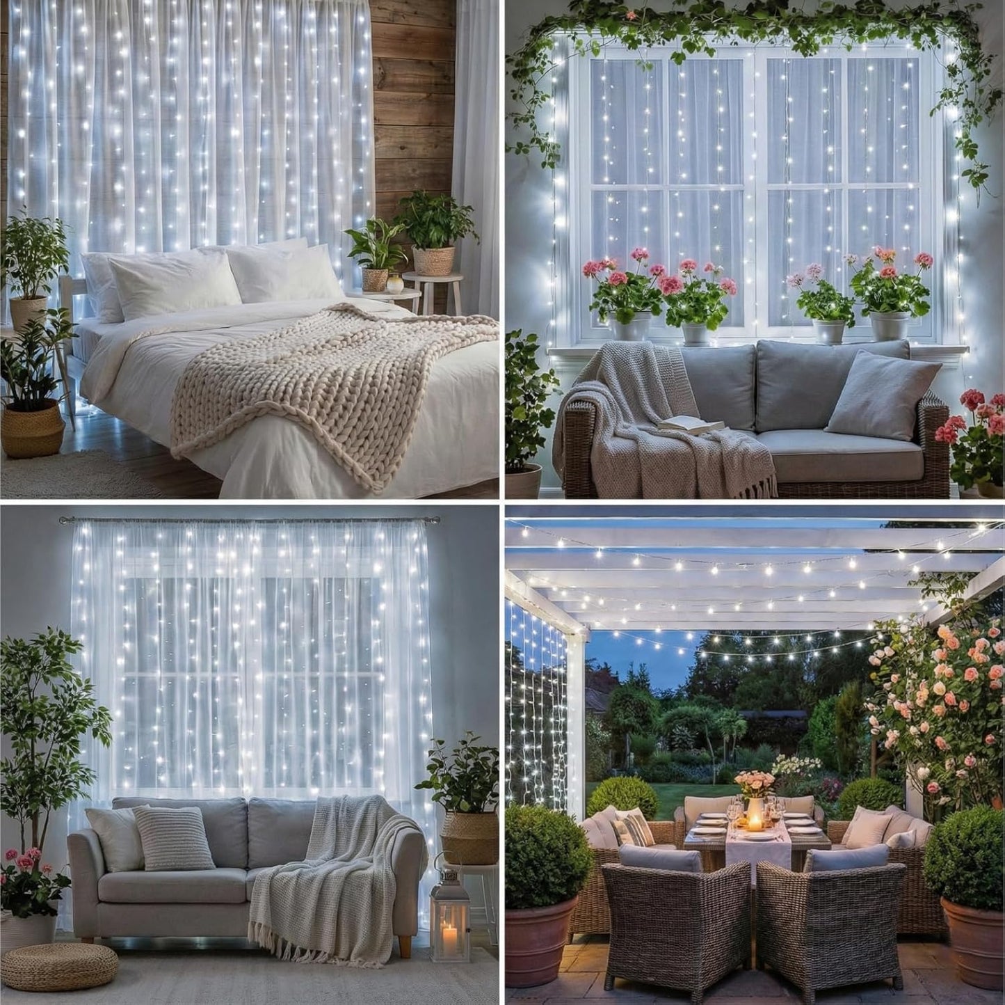 Skiennix 200LED Fairy Curtain String Lights - 6.6x6.6ft White Indoor Decor | 8 Modes Remote Control