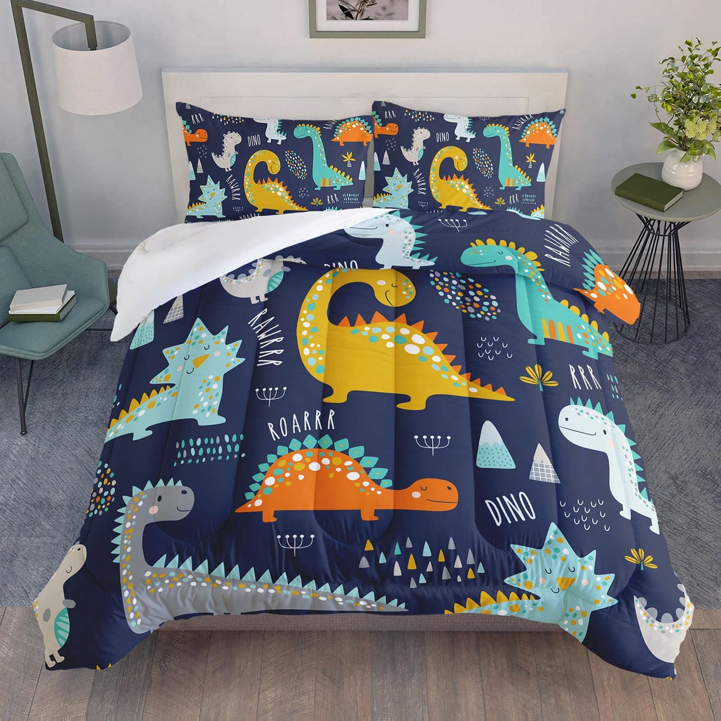 Datura home Bedding Comforter Set Kawaii Cartoon Dinosaur Printed Pattern with 1 and 2 Pillowcases for Boys Bedroom All Season(Cute Dinosaur Full) Full 80x90inches
