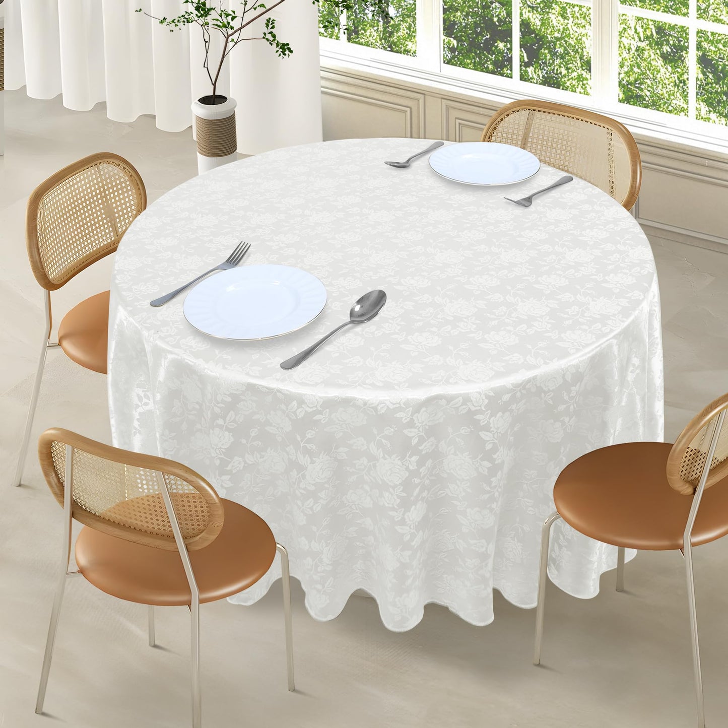 Cobedzy White 60" Round Satin Tablecloth, Jacquard Stain Resistant Table Cloths Wrinkle Free Tablecloth, Silkly Soft Table Cover for Dining Room/Party/Wedding/Banquet/Events