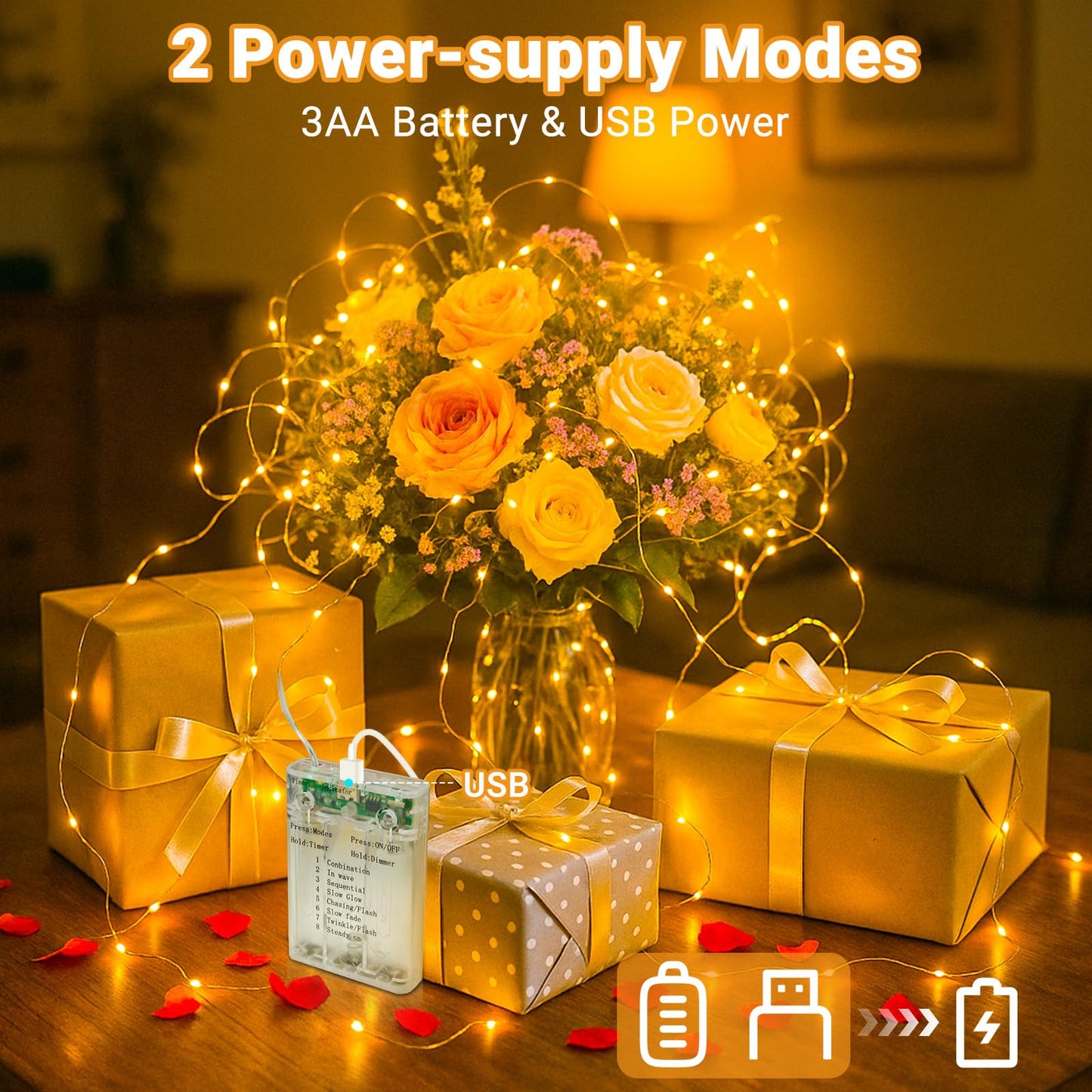 litogo 3 Pack Fairy Lights Battery Operated with Timer, 33FT 100LED USB-C Twinkle String Lights - 8 Modes Dimmable for Indoor Bedroom Centerpiece Wedding Classroom Dorm Christmas Decorations
