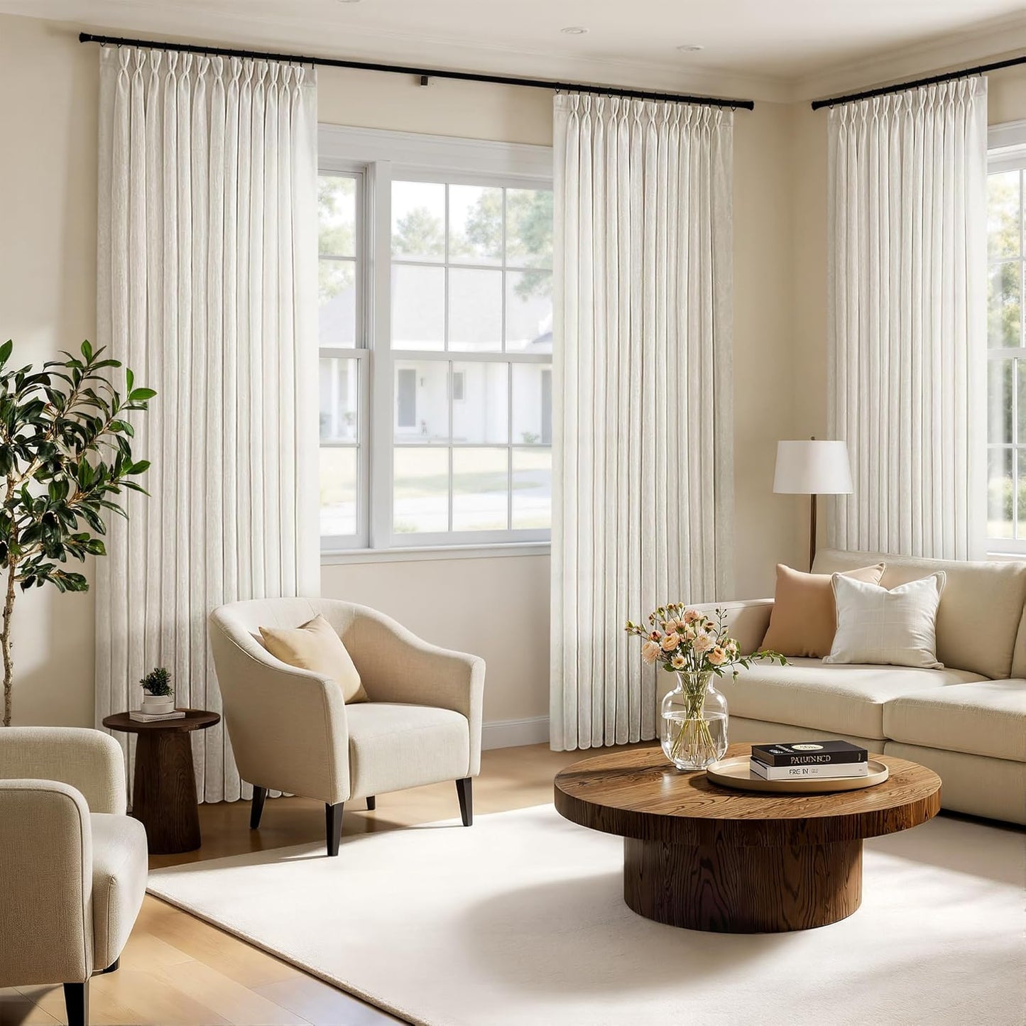 MIULEE 96-Inch Long Pinch Pleated Natural Linen Curtains - Semi-Sheer Drapes for Bedroom & Living Room