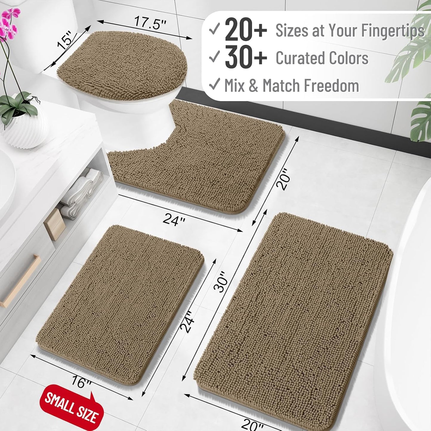 OLANLY Small Bathroom Rugs - Extra Soft Chenille Bath Mats | Quick Dry, Machine Washable, Tan 24x16