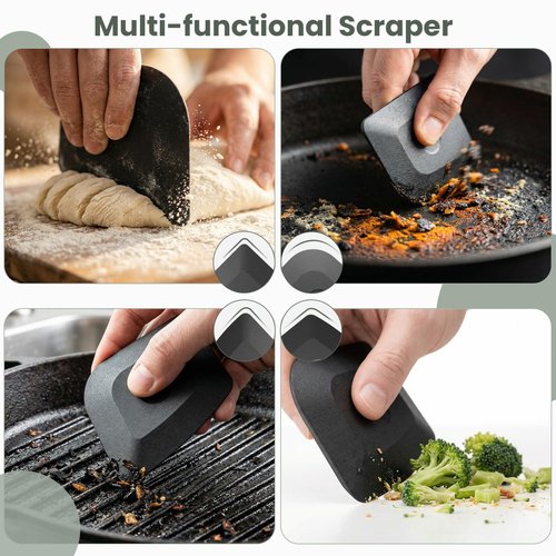 Cast Iron Scrubber with Long Handle | 316 Cast Iron Cleaner Chainmail Scrubber for Cast Iron Pan Skillet Cleaner - Dish Scouring Pad Dishwasher Safe Cleaning Kit (Black, 1 Scrubber + 1 Scraper)