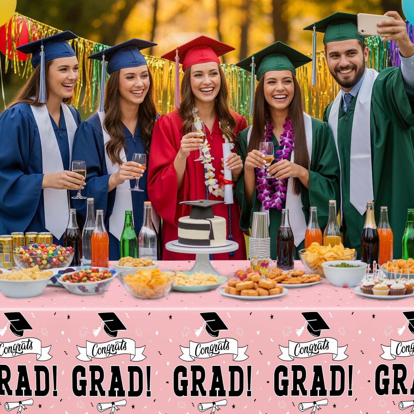 QZYL 2 PCS Graduation Tablecloth, 108" X 54" Pink Graduation Decorations 2026, Disposable Plastic Tablecover for Class of 2026 Congrats Grad, Rectangle Table Cloths for Grad Decor Party Supplies