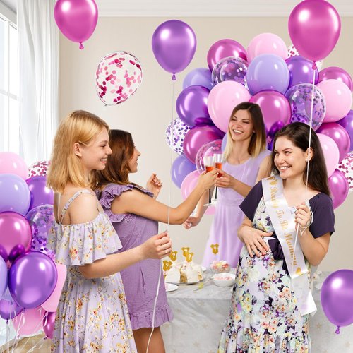 61pcs Pink and Purple Balloons, 12 Inch Purple Pink Confetti Balloons, Metallic Balloon with Ribbon for Bridal Baby Shower Wedding Women Birthday Party Decorations