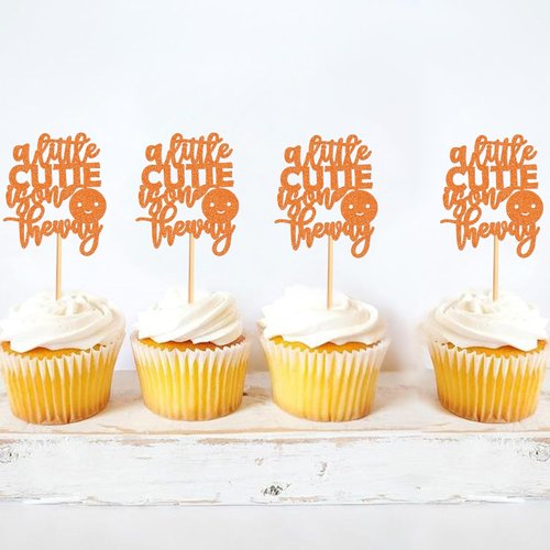 Ercadio Baby Shower Cupcake Toppers - 24 Pcs Orange "A Little Cutie Is On The Way" Decorations