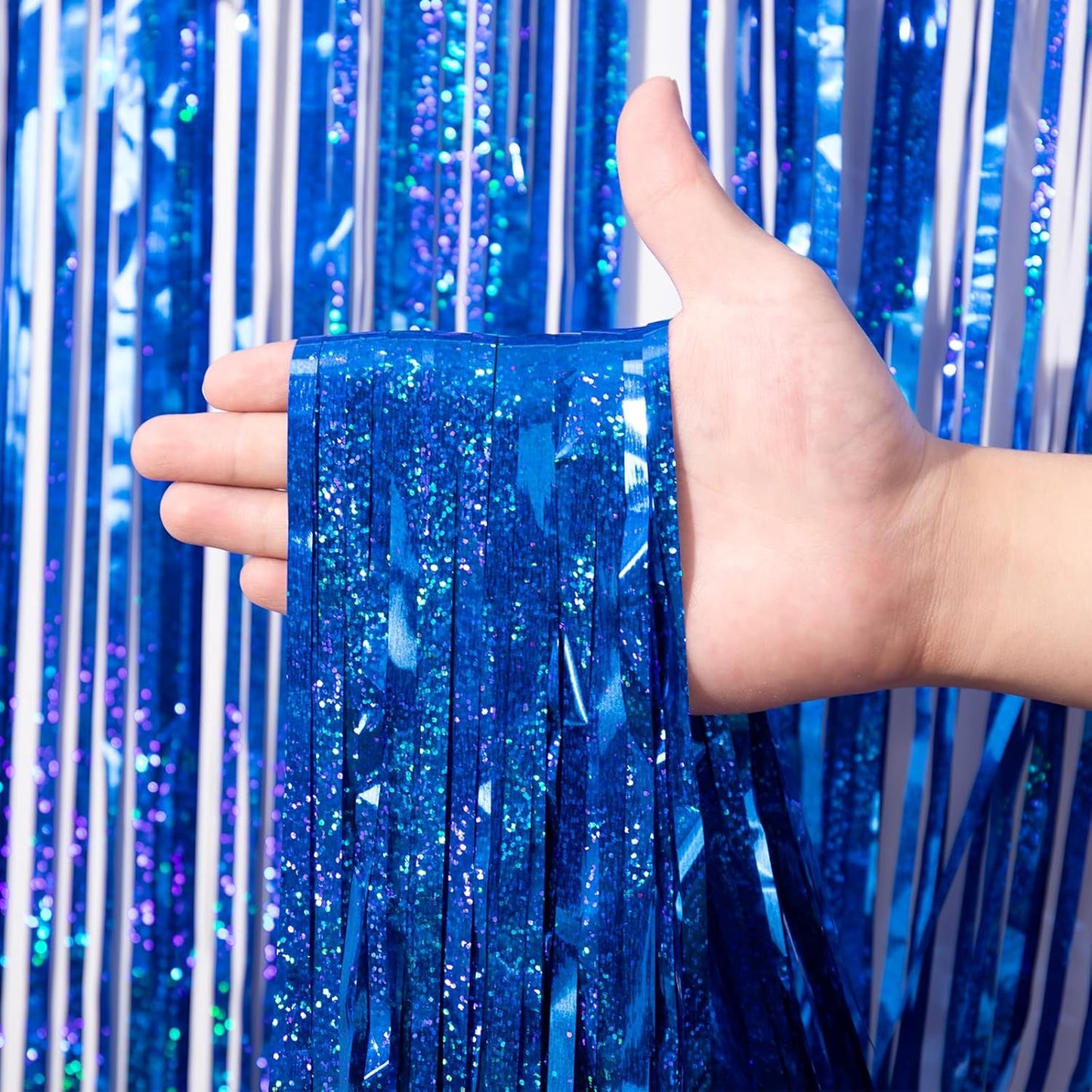 Voircoloria Laser Blue Foil Fringe Backdrop Curtains - 3 Pack, Perfect for Birthday, Graduation & Disco Parties