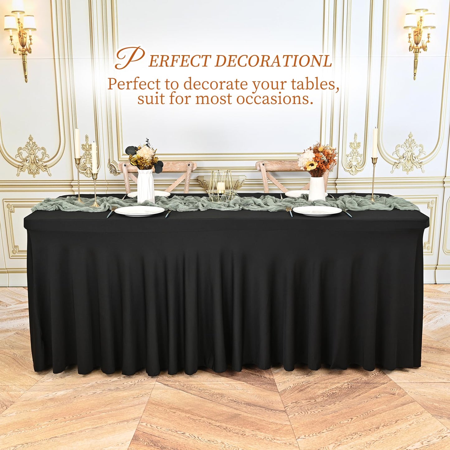 Pesonlook 6 Pack Spandex Table Skirt for 8 Ft Rectangle Tables, Black Fitted Stretch Tablecloth 30 x 96 Inch, Wrinkle Resistant Ruffle Design for Wedding Banquets, Birthday Party, Parties