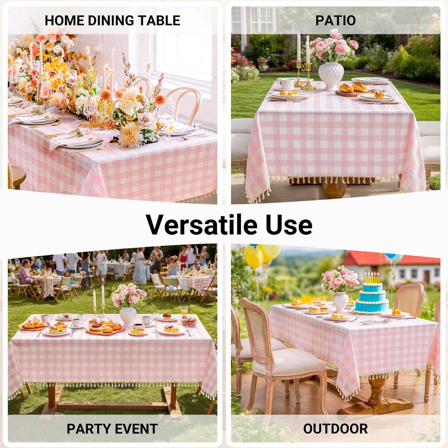 NALVXIN Checkered Tablecloth Rectangle Cotton Linen Gingham Table Cloth with Tassel Washable Wrinkle Free Heavy Duty Buffalo Plaid Table Cover for Dining/Party/Picnic (Pink, 55" x 55" (Square))