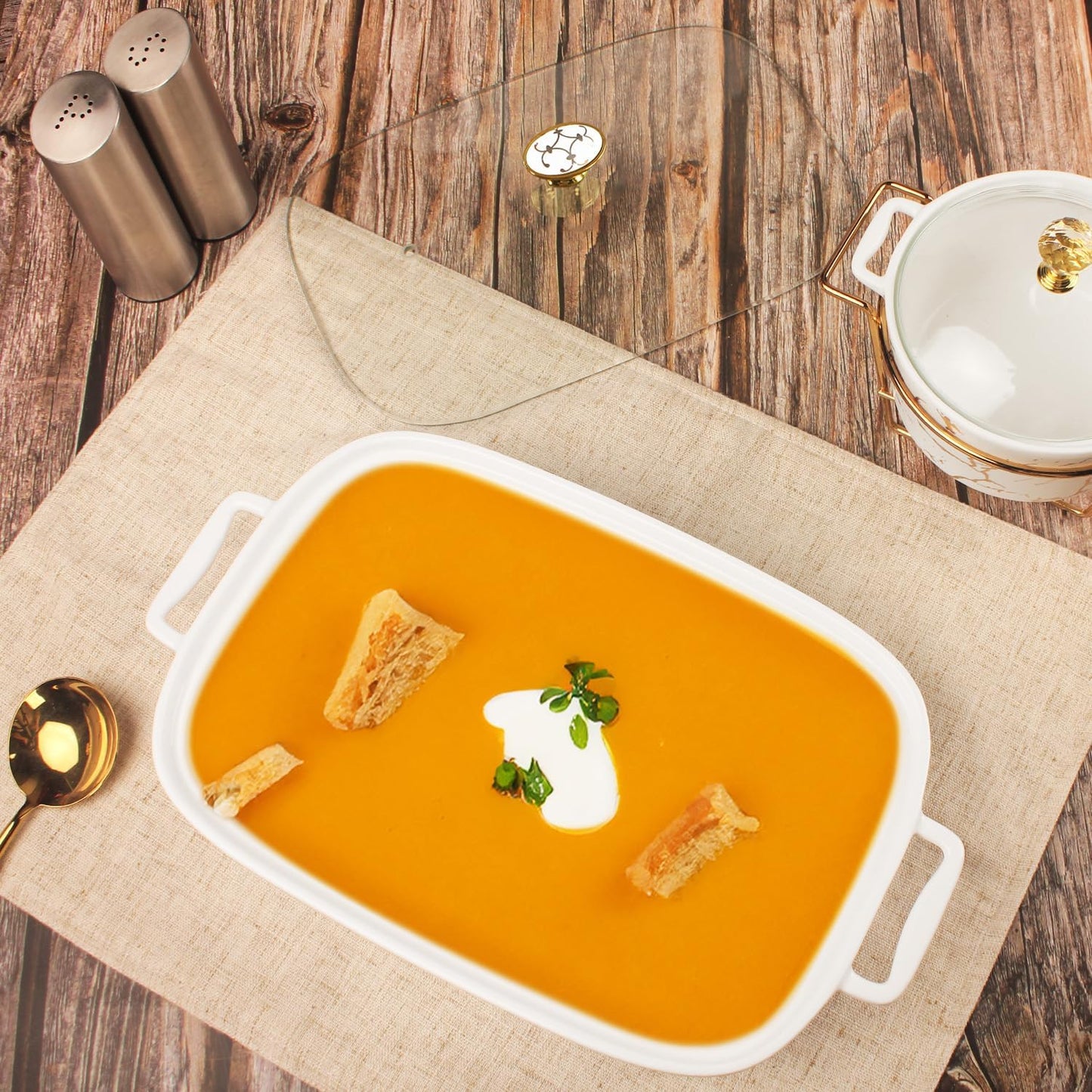 Regine Switzerland Ceramic Casserole Dish - 11" x 8" White Serving Tureen with Glass Lid | 1.6 Quart Capacity for Buffets & Catering