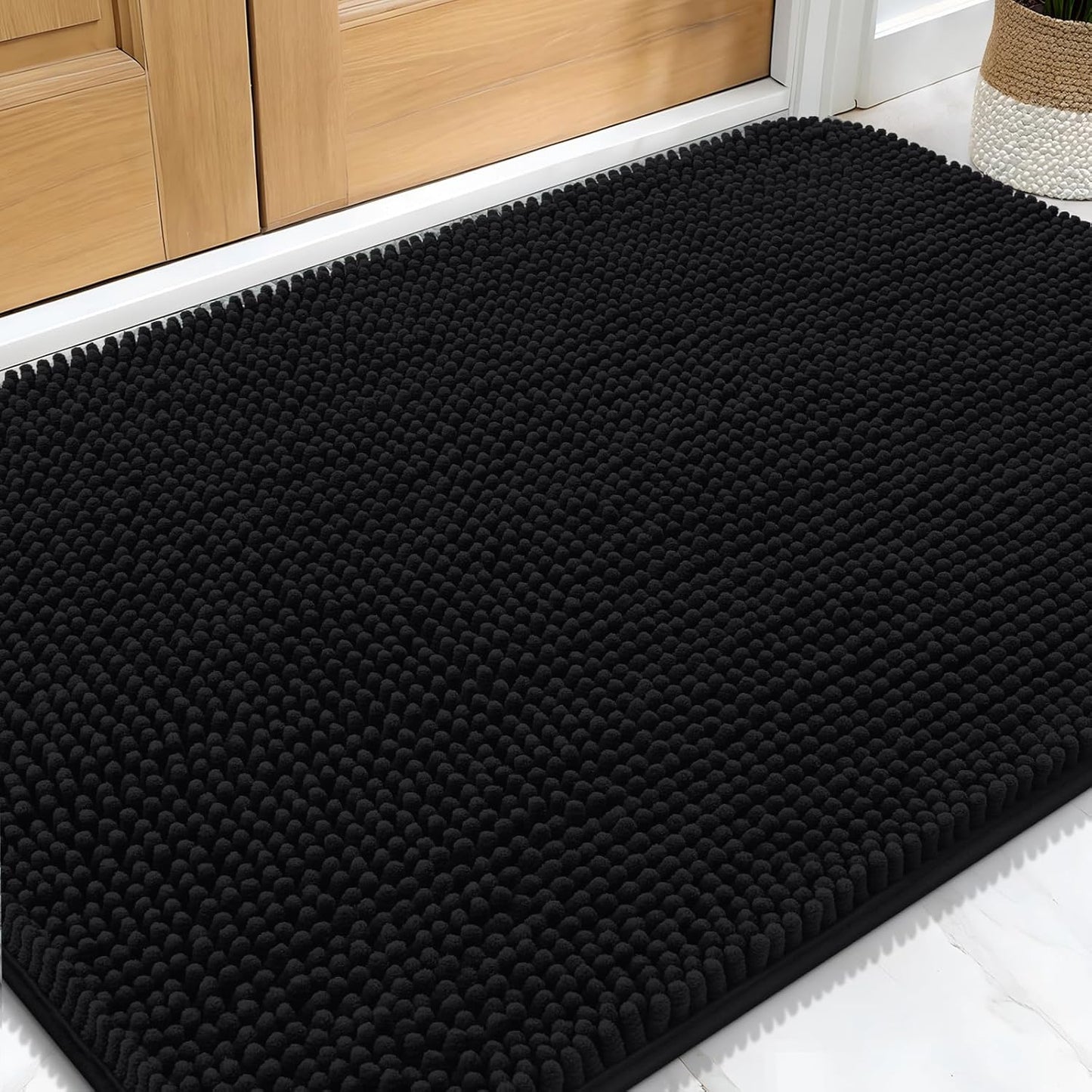 OLANLY Dog Door Mat - Absorbent Non-Slip Chenille Mat for Muddy Paws | Quick Dry 30x20 Black Doormat