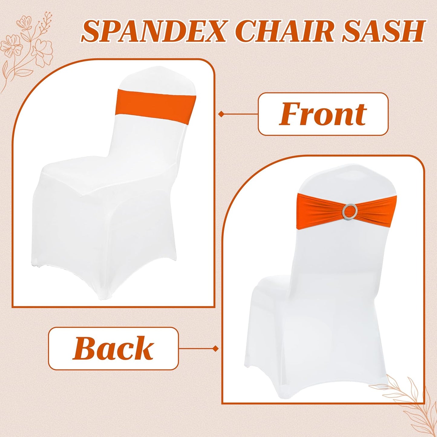 MDS Spandex Chair Sashes - Pack of 200 Elastic Stretch Bands with Buckle Slider for Wedding Decor | Orange