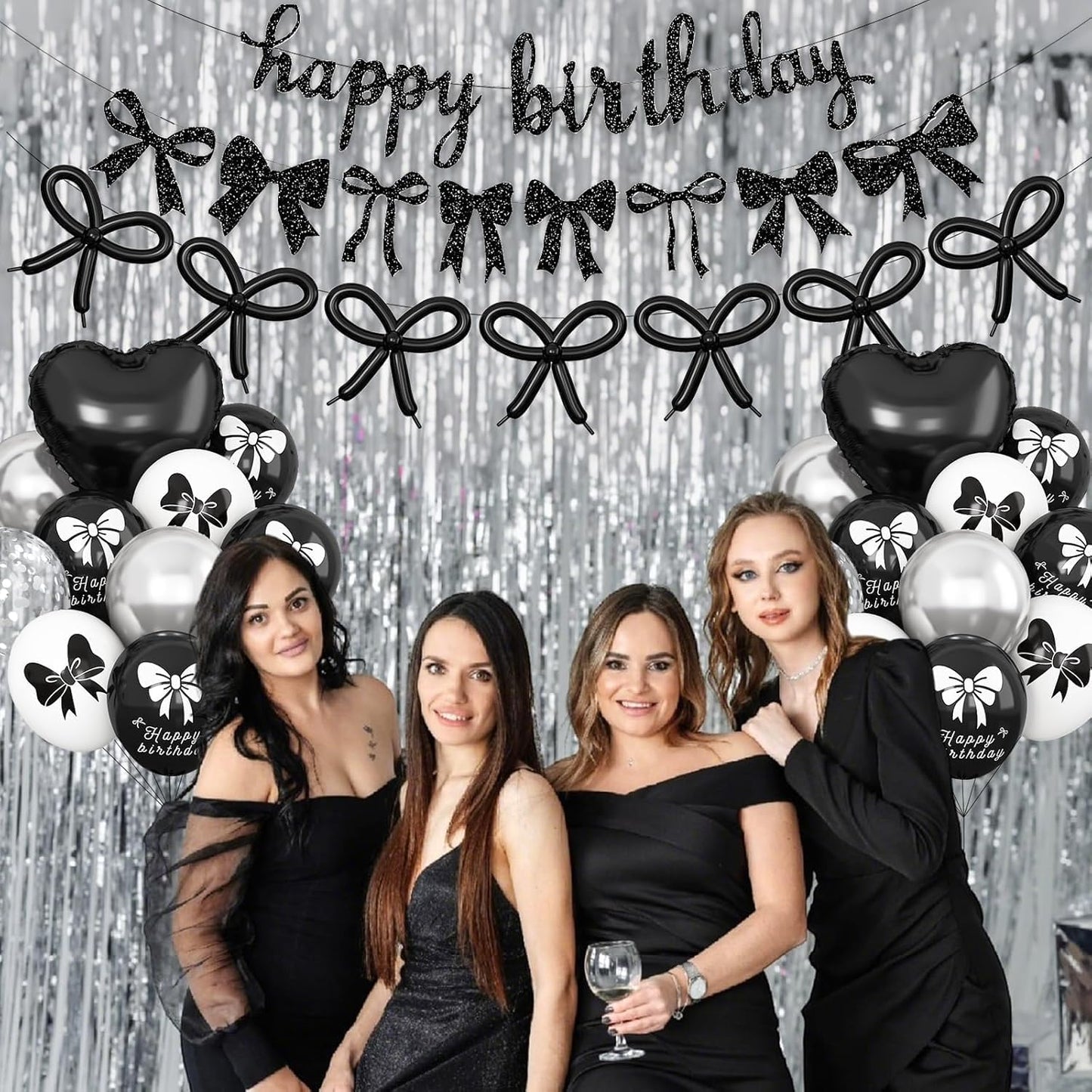 Skiennix Black Bow Birthday Decorations - Coquette Party Set with Happy Birthday Banner & Heart Foil Balloons
