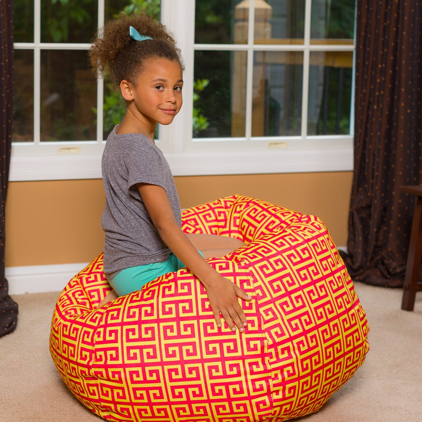 Posh Creations Bean Bag Chair for Kids, Teens, and Adults Includes Removable and Machine Washable Cover, 38in - Large, Pattern Scrolls Red and Yellow