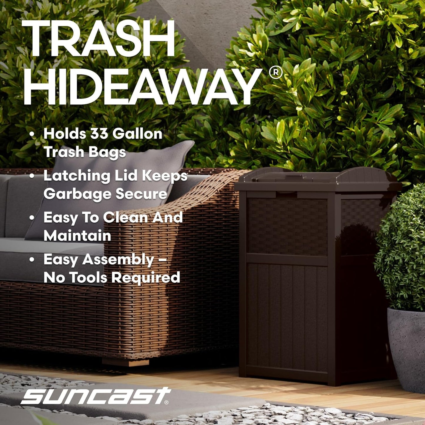 Suncast 33 Gallon Outdoor Trash Can - Lid Included for Garage, Backyard & Garden - Brown