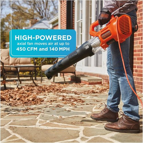 BLACK + DECKER Electric Leaf Blower - Lightweight Handheld Design, 450 CFM & 140 MPH Power, Corded