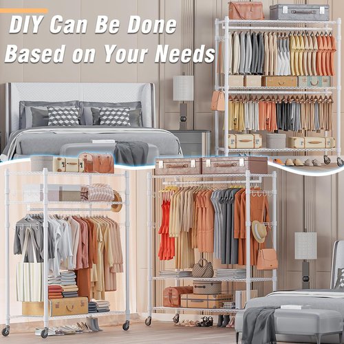 Homdox 3-Tier Garment Rack - Heavy-Duty Portable Closet with Wheels & Double Hanger Rods | White