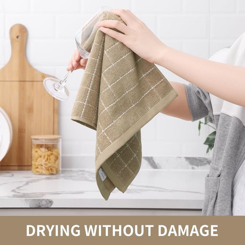 Homaxy 100% Cotton Terry Kitchen Towels(Tan, 13 x 28 inches), Checkered Designed, Soft and Super Absorbent Dish Towels, 12 Pack