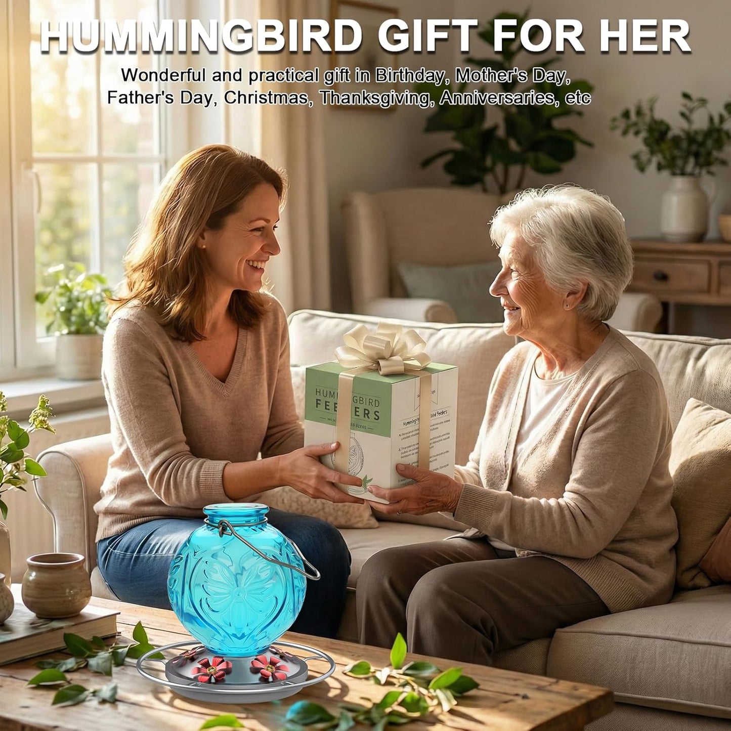 Skiennix Glass Hummingbird Feeder - 25 Oz Leak-Proof Outdoor Nectar Feeder with 5 Flower Ports | Blue