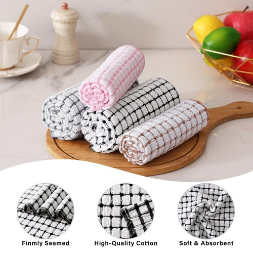 Homaxy Kitchen Towels and Dishcloths Set, 16 x 25 and 12 x 12 Inches, Set of 8 Cotton Terry Kitchen Dish Towels, Super Soft and Absorbent Dish Cloths, Black/Grey/Pink/Brown