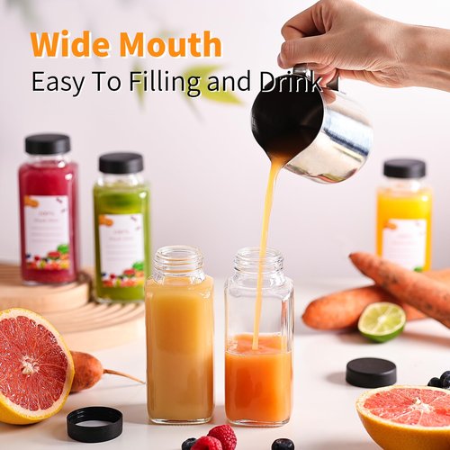 15 Pack 8 oz Glass Juice Bottles with Black Lids & Labels, Reusable Travel Juice Storage Containers, Clear Glass Drink Jars for Juicing, Water, Ginger, Wellness Shots - Leakproof, Dishwasher Safe