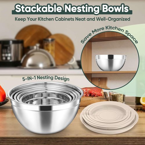 Herogo 5-Piece Mixing Bowls with Lids, 3 Grater Attachments, Stainless Steel Salad Bowls for Kitchen, Size 4.6, 3.5, 2.5, 2, 1.5QT Ideal for Baking, Prepping, Mixing and Serving, Khaki