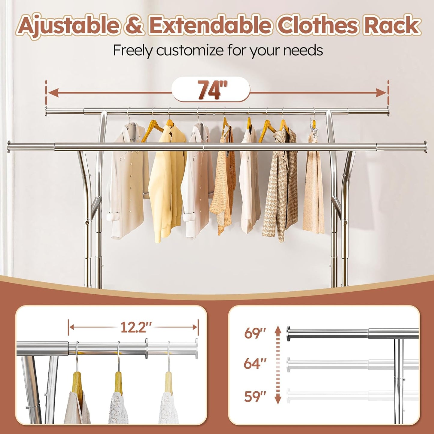 Raybee Heavy Duty Clothing Rack - 630 LBS Load Capacity | Rolling Metal Garment Rack for Storage